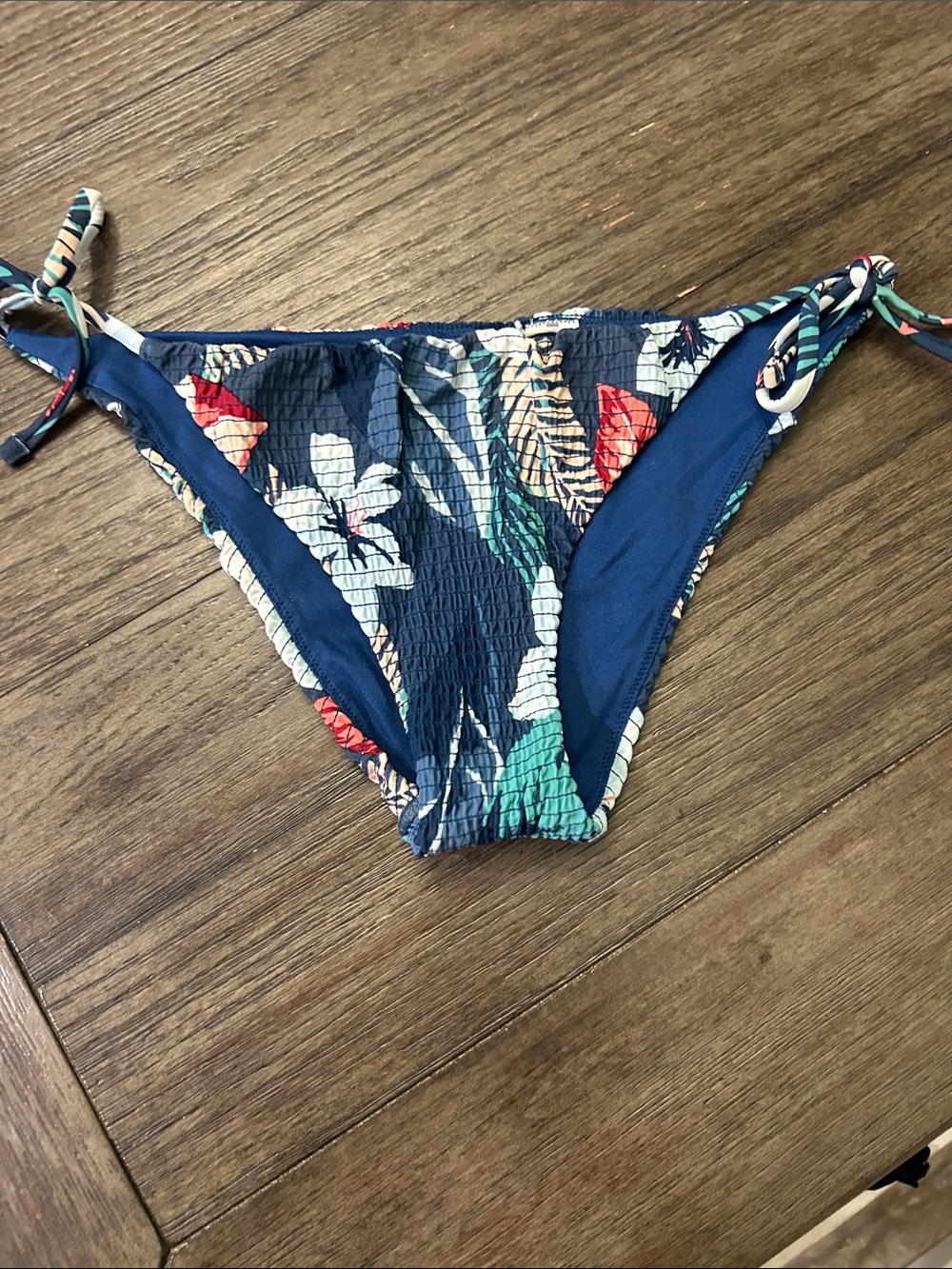 Hollister Navy Tropical Floral Tie-Side Bikini Bottoms with Teal & Coral Accents